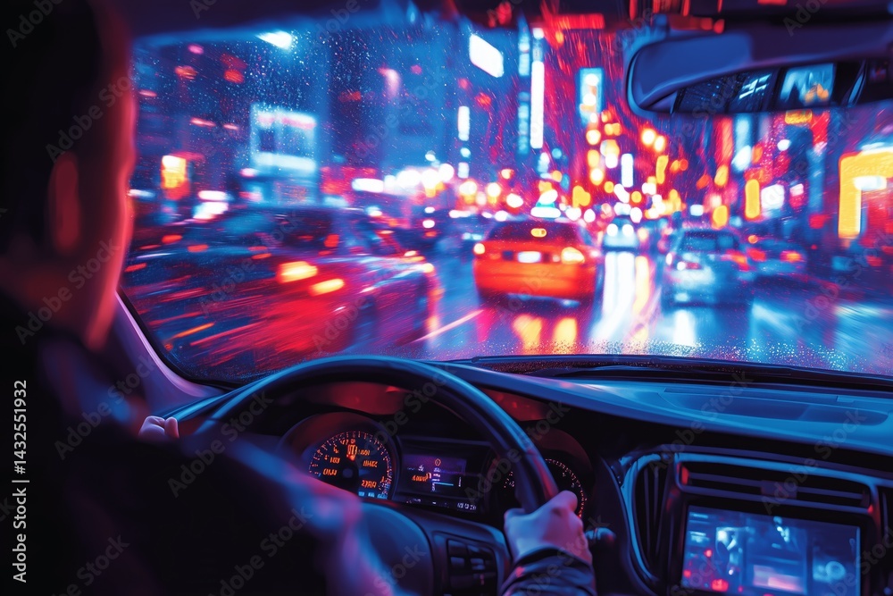 Polite Taxi Driver Navigating Through a Rainy City Night, Ensuring Passenger Comfort While City Lights Shimmer Through Droplets on Windows Polite Taxi Driver Navigating Through a Rainy City Night, Ensuring Passenger Comfort While City Lights Shimmer Through Droplets on Windows