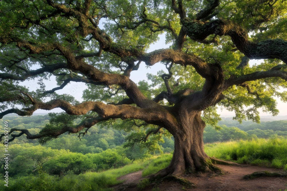 Fototapeta premium Majestic oak tree standing on a hill overlooking a green valley