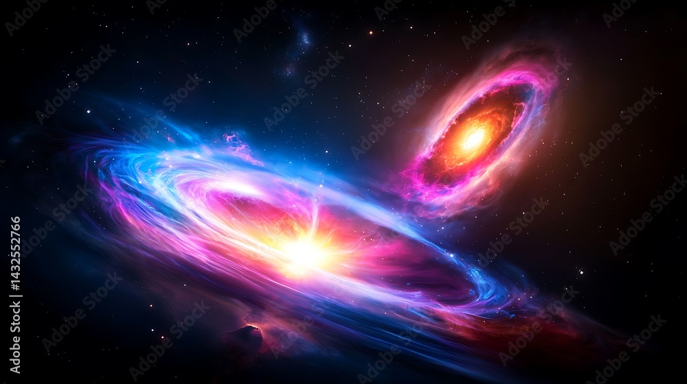 Obraz premium Cosmic Collision: Pink And Blue Spiral Galaxies In Deep Space