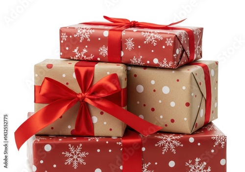 A stack of christmas presents wrapped in red and brown paper with red ribbons on a white background