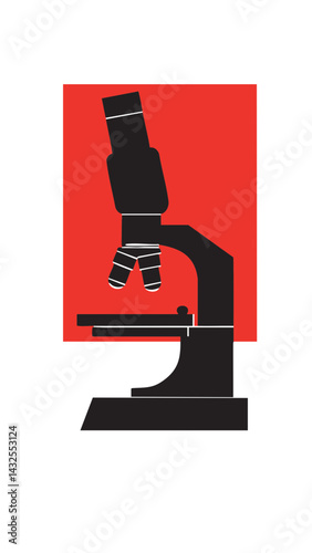 Elegant Black Microscope Icon on Bold Red Background for Science