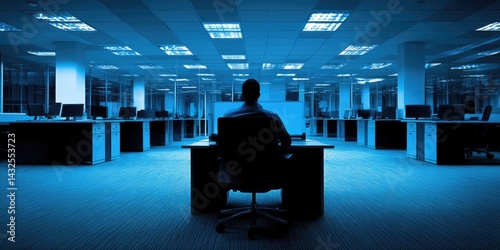 Late Night in the Office: A Single Figure Working in an Empty Corporate Space