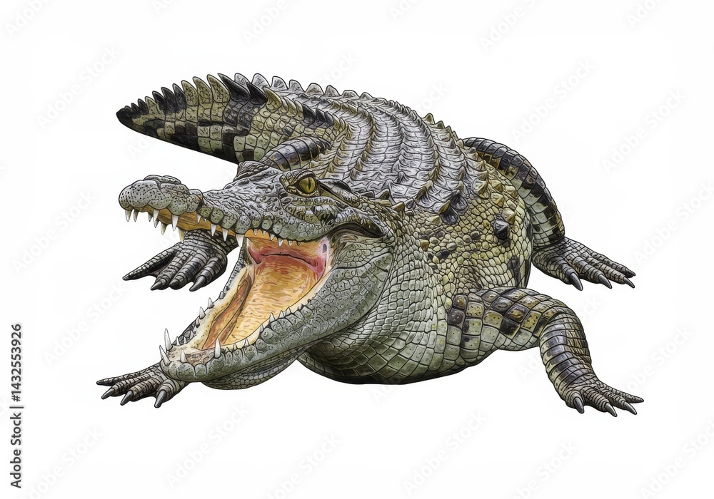 Fototapeta premium A drawing of a crocodile with its mouth wide open, showing its teeth on a white background