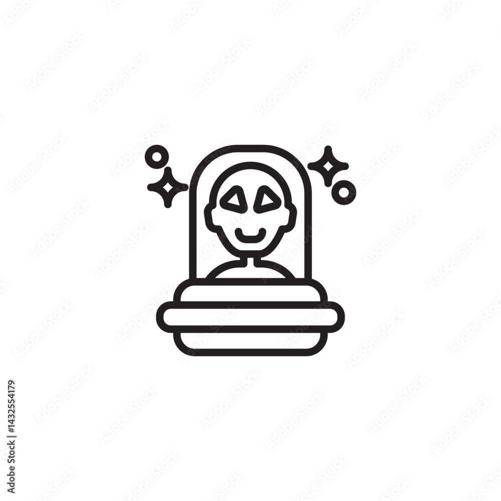 A black and white line drawing of a person with a smiling face and geometric shapes on their forehead, enclosed in a dome with sparkling elements. A black and white line drawing of a person with a smiling face and geometric shapes on their forehead, enclosed in a dome with sparkling elements.