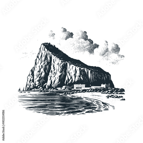 The Rock of Gibraltar: Iconic Limestone Promontory – Black and White Icon Vector and Illustration