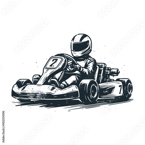 Go-Kart Racer in Helmet Driving with Focus – Black and White Icon Vector and Illustration