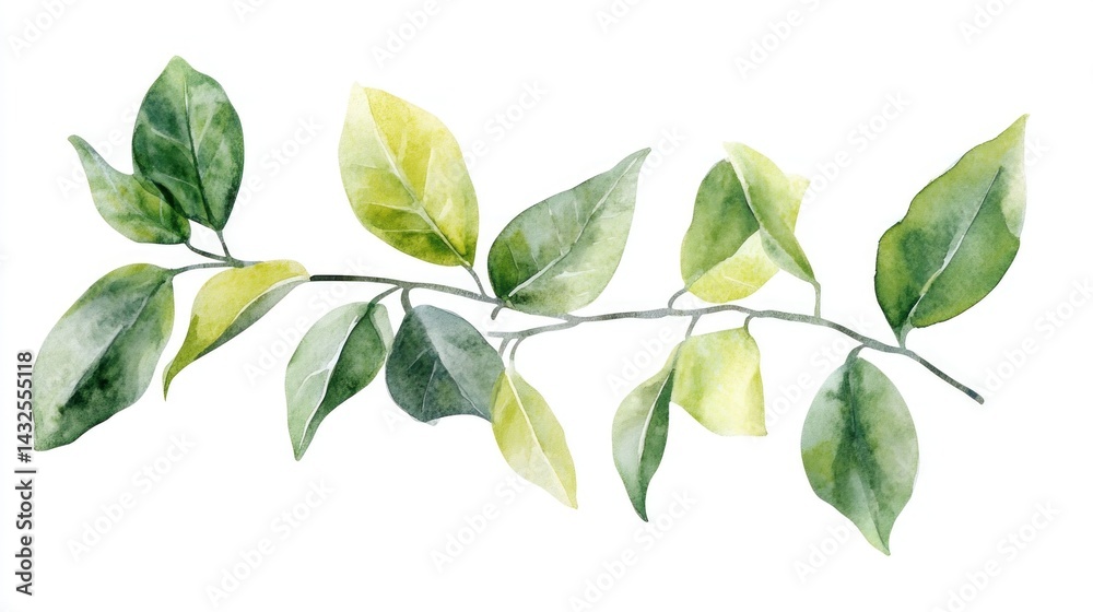 Fototapeta premium Watercolor illustration of a leafy branch with varying shades of green and yellow leaves
