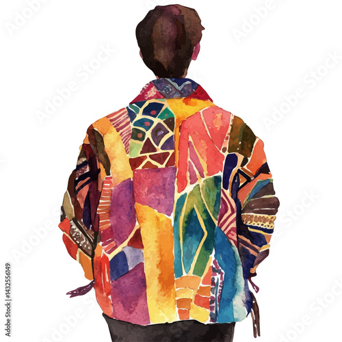 Person In A Colorful Patterned Jacket, watercolor vector, isolated on a white background.