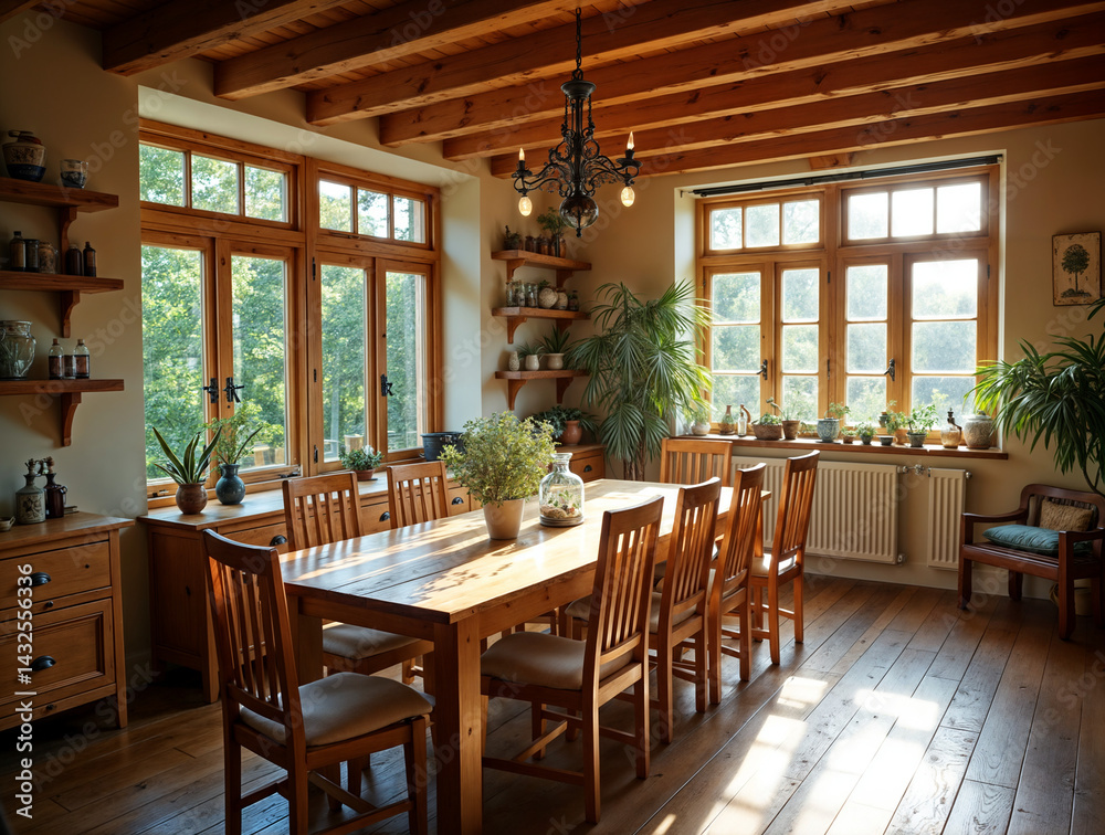 The image shows a cozy, well-lit dining room with wooden furniture, including a long table and chairs, and a chandelier hanging from the ceiling
