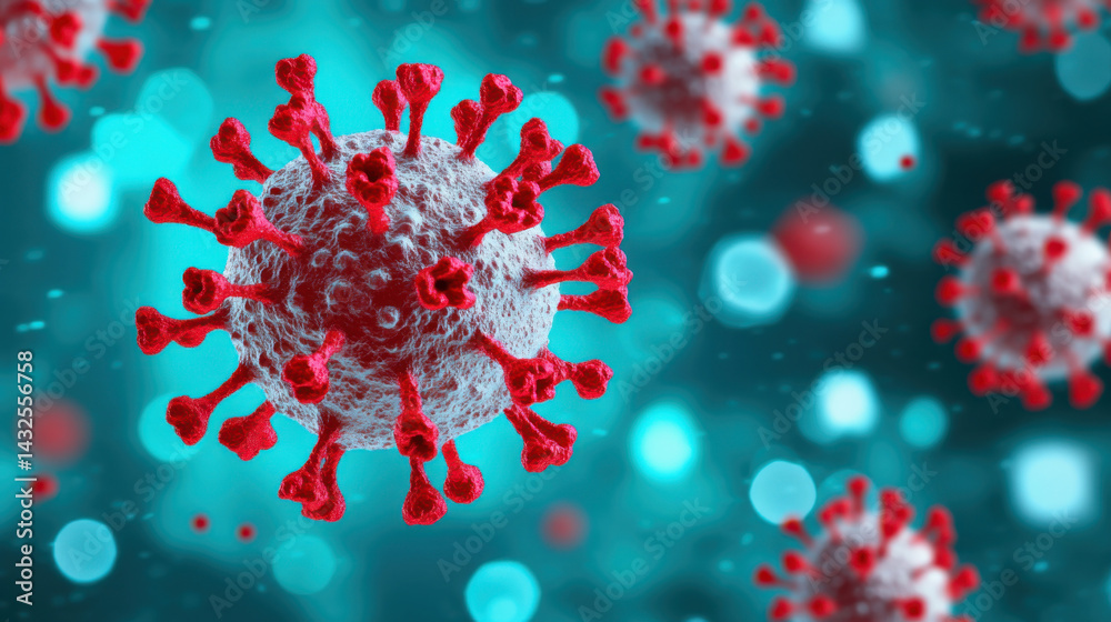 3D illustration of group of viruses with red spikes floating in blue background, representing microscopic pathogens 3D illustration of group of viruses with red spikes floating in blue background, representing microscopic pathogens
