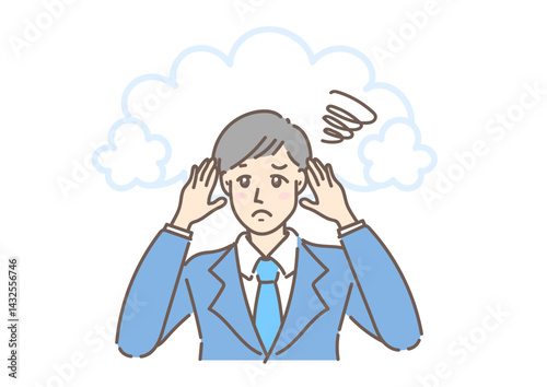 ストレス・不安・責任など問題に直面し、頭を抱えて悩んでいる困った表情のビジネスマン