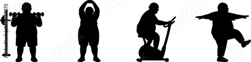 Silhouettes of Senior Wellness Activities. Silhouettes of individuals engaging in various fitness activities, showcasing strength training, stretching, cycling, and balance exercises.