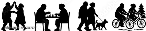 Silhouettes of Senior Wellness Activities. A silhouette depiction of elderly couples engaging in various activities like dancing, playing chess, walking a dog, and cycling together.