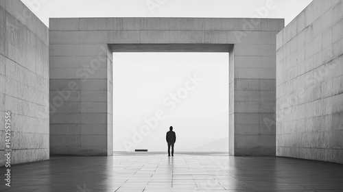 Solitary Figure Contemplating Expansive Horizon Through Modern Architectural Gateway