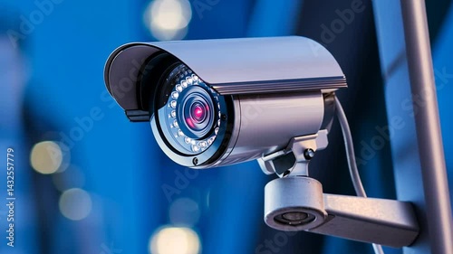 Modern security camera with bokeh backdrop capturing digital safety and surveillance