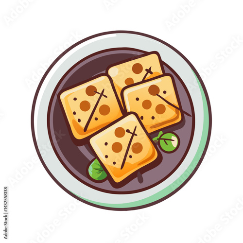 Cartoon style fried tofu on a plate food