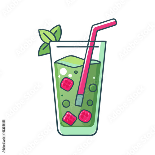 Raspberry Mint Mojito Cartoon Illustration with Straw
