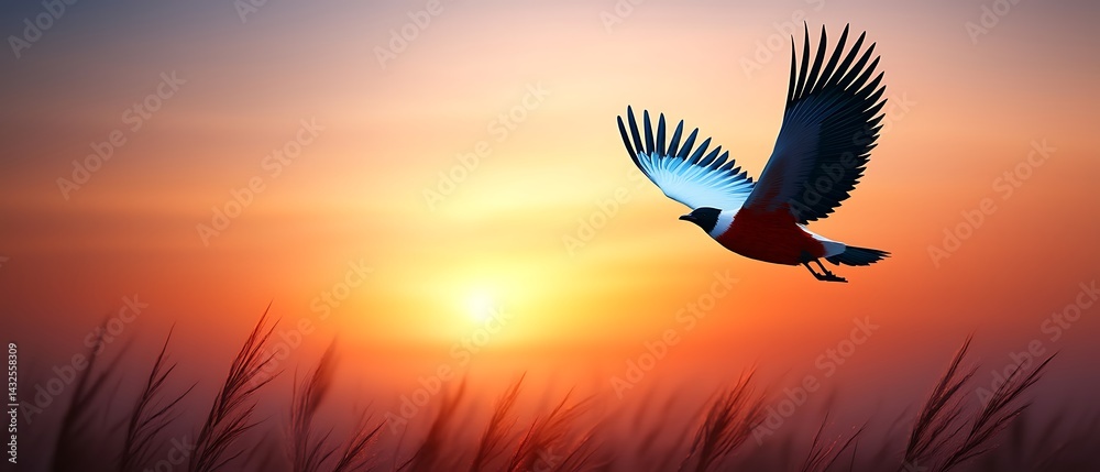 Fototapeta premium Bird soars through the colorful sunset sky, above tall grass in a field