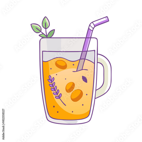 Illustration of fruity orange smoothie with straw and leaves