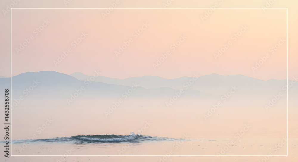 Obraz premium Tranquil minimalist seascape with soft pastel colors and misty mountain silhouette