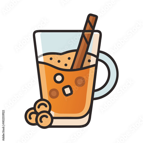 Chai Tea Latte Illustration with Cinnamon Stick and Boba