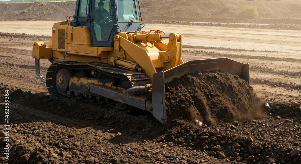 Bulldozer moving soil pile on construction site with man operating from cabin. Yellow tracked vehicle with front blade pushing earth. Land leveling and excavation equipment operation Bulldozer moving soil pile on construction site with man operating from cabin. Yellow tracked vehicle with front blade pushing earth. Land leveling and excavation equipment operation