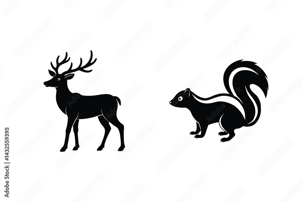 Obraz premium Deer And Skunk Black Silhouette Isolated On White Background Wildlife Illustration