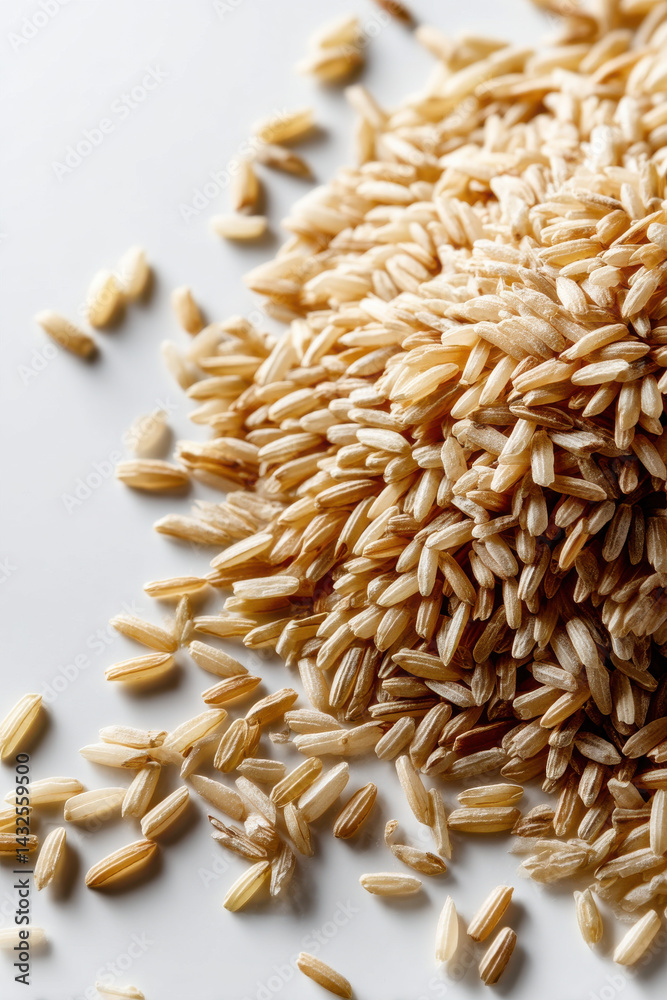 Obraz premium Brown Rice Scattered on a White Background
