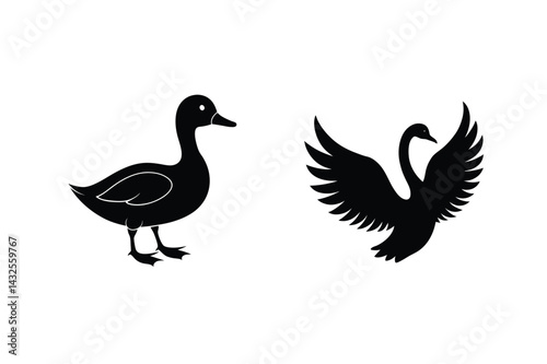 Duck And Swan Bird Black Silhouette Icons Vector Illustration Set Isolated