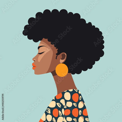 African woman with curly tapered afro cut, bold earrings and patterned top vector illustration