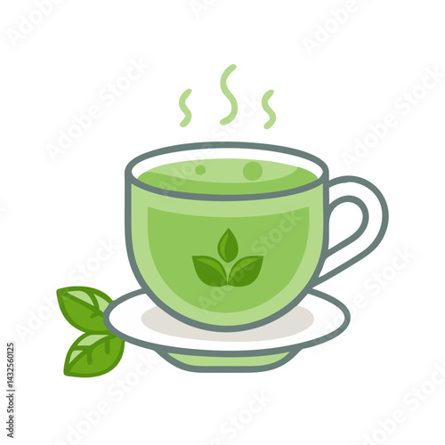 Hot green tea cup with leaves icon vector