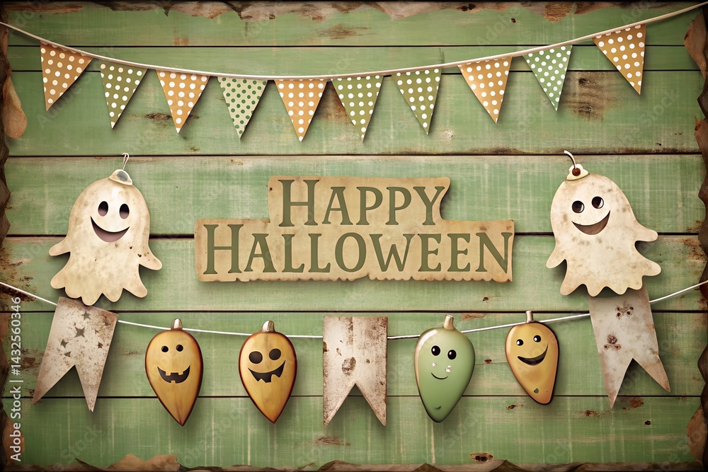 Vintage Halloween sign with smiling ghost and pumpkin garlands, rustic wood background, and cheerful bunting for a warm, whimsical seasonal decoration scene.