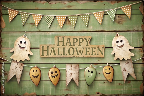 Obraz na płótnie Vintage Halloween sign with smiling ghost and pumpkin garlands, rustic wood background, and cheerful bunting for a warm, whimsical seasonal decoration scene. w salonie