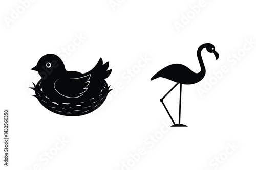 Black Bird In Nest And Flamingo Silhouettes Simple Isolated