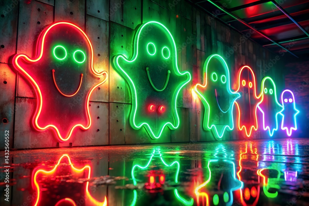 Colorful neon ghost lights on industrial wall with glowing reflections, creating a fun, vibrant, and playful Halloween atmosphere perfect for party decor.