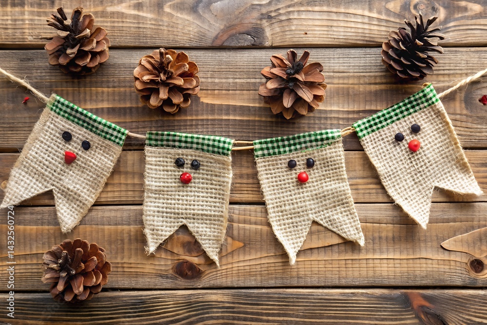 Rustic Christmas reindeer banner made from burlap with pine cone accents on wooden background, perfect for cozy holiday decor and festive winter crafting.