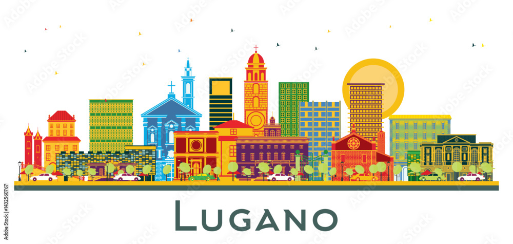 Lugano Switzerland Skyline with Color Buildings isolated on white. Business Travel and Tourism Illustration with Historic Architecture. Lugano Cityscape with Landmarks. Lugano Switzerland Skyline with Color Buildings isolated on white. Business Travel and Tourism Illustration with Historic Architecture. Lugano Cityscape with Landmarks.