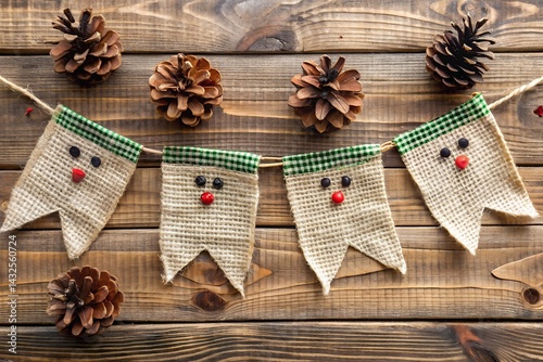 Obraz na płótnie Rustic Christmas reindeer banner made from burlap with pine cone accents on wooden background, perfect for cozy holiday decor and festive winter crafting. w salonie