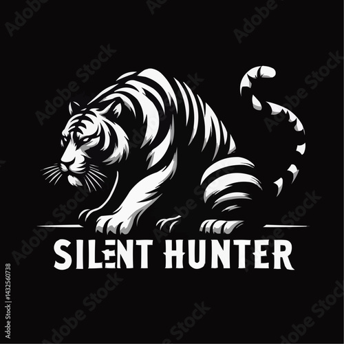 Silent Hunter: A striking monochrome artwork portrays a tiger in a poised, predatory stance, embodying stealth and power, with its name "SILENT HUNTER" artfully incorporated.