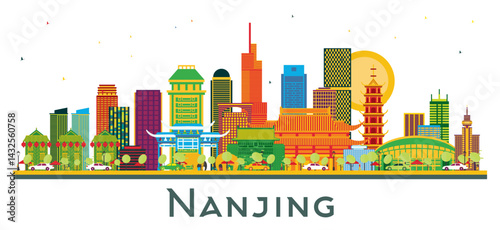 Nanjing China City Skyline with Color Buildings isolated on white. Business Travel and Tourism Illustration with Modern Architecture. Nanjing Cityscape with Landmarks.
