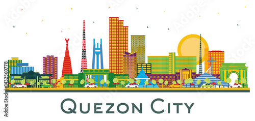 Quezon City Philippines City Skyline with Color Buildings isolated on white. Business Travel and Tourism Illustration with Modern Architecture. Quezon City Cityscape.