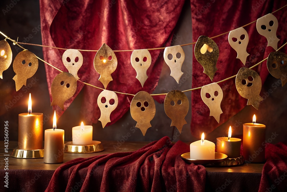 Elegant Halloween decor scene with glowing candles, gold and paper ghost garland, and red velvet drapes creating a spooky yet cozy autumn ambiance.
