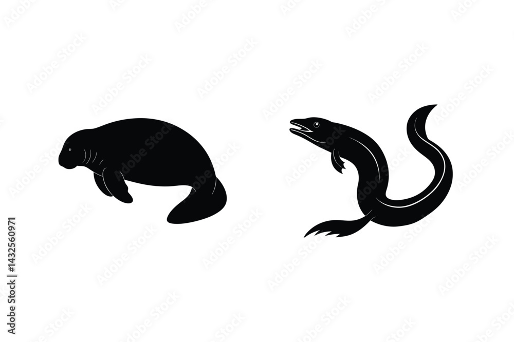 Fototapeta premium Simple Black Silhouette Illustration Of A Manatee And Eel On White Background