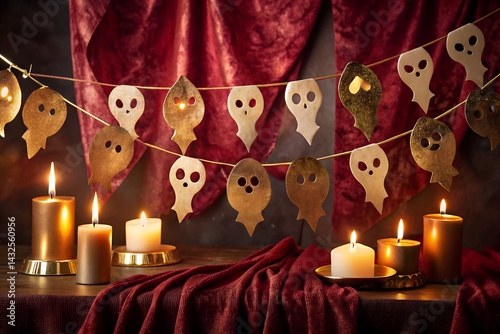 Obraz na płótnie Elegant Halloween decor scene with glowing candles, gold and paper ghost garland, and red velvet drapes creating a spooky yet cozy autumn ambiance. w salonie