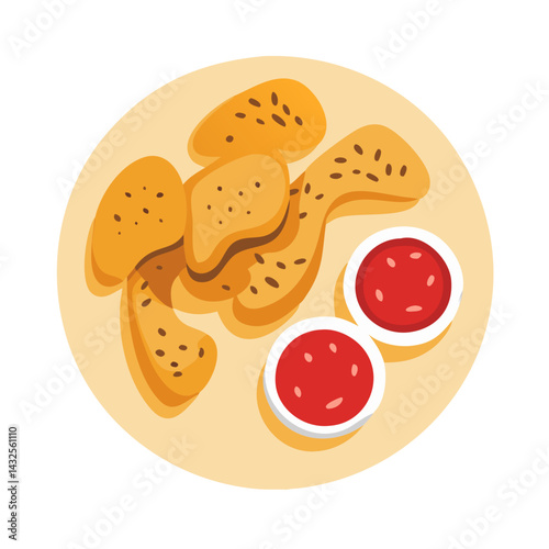 Chicken Nuggets with Red Sauce in Cartoon Style