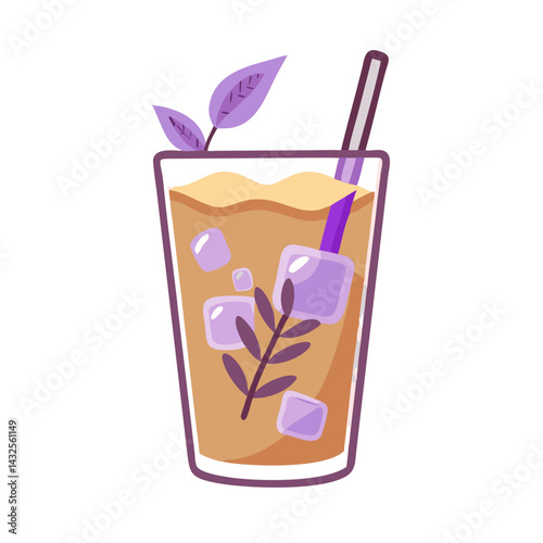 Cartoon Iced Coffee Drink with Leaves and Straw