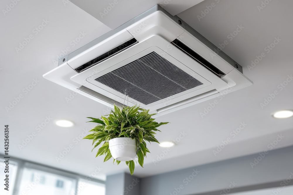 Ceiling Cassette Air Conditioning Unit with Recessed Lighting and Decorative Hanging Plant in a Modern Room