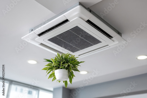 Obraz na płótnie Ceiling Cassette Air Conditioning Unit with Recessed Lighting and Decorative Hanging Plant in a Modern Room w salonie