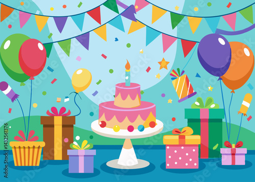 Birthday Party Decorations. Colorful Cake. Balloons & Gifts