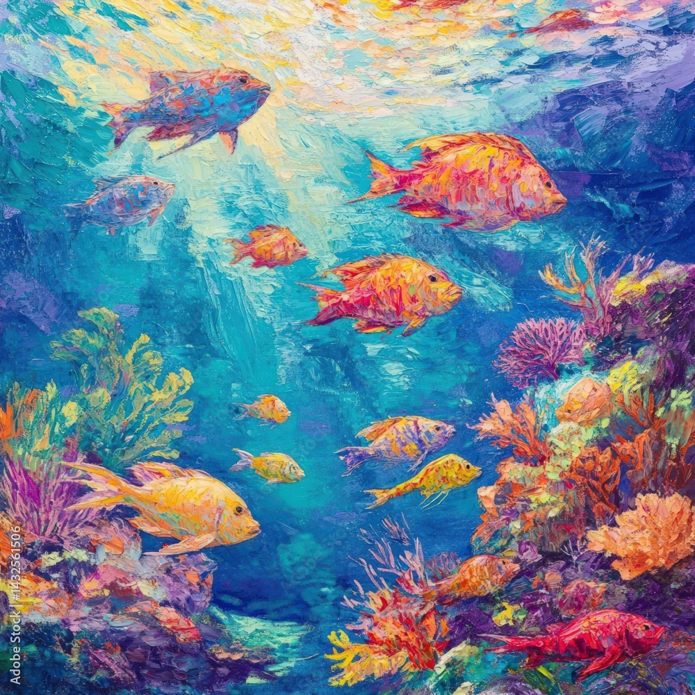 Naklejka premium Vibrant coral reef teeming with colorful fish. Sunlight streams through the water, illuminating the marine life